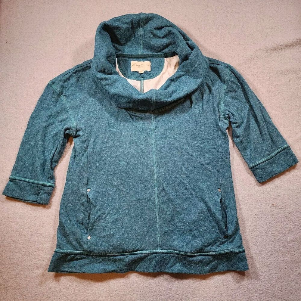 Eddie Bauer Petite Medium Teal Blue Cowl Neck 3/4 Sleeve Sweatshirt Pockets